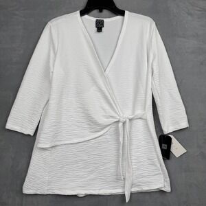 Clara Sunwoo White Textured Knit Wrap Top‎ 3/4 Sleeve Tie Front Made in USA L
